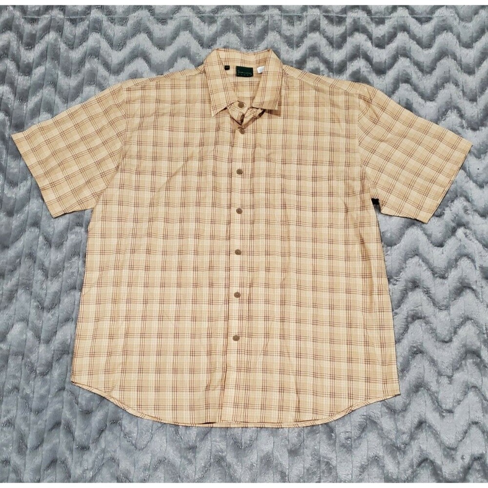 Scandia Woods Mens XL Yellow Tan Plaid Button Up Casual Short Sleeve Shirt